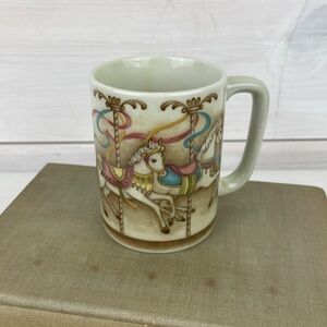 Vintage 1980s Otagiri Beige Ceramic Coffee Mug Japan - Carousel Horses